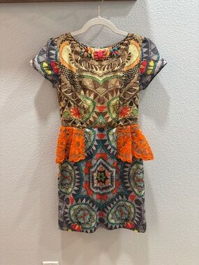 Anthropologie Hemant and Nandita Peplum Dress with Orange Lace Accents